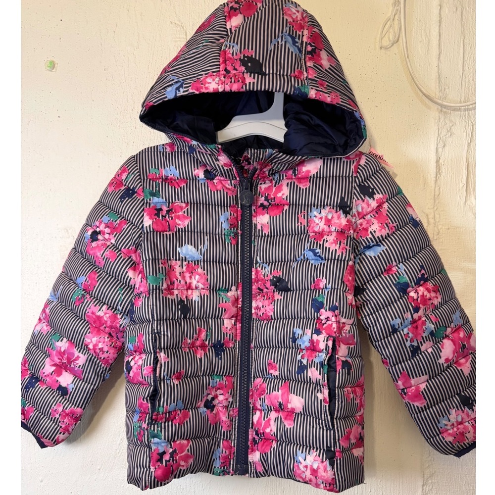 Joules Girls Floral Stripe Puffer Jacket Navy Pink Hooded Quilted Coat Size 4y